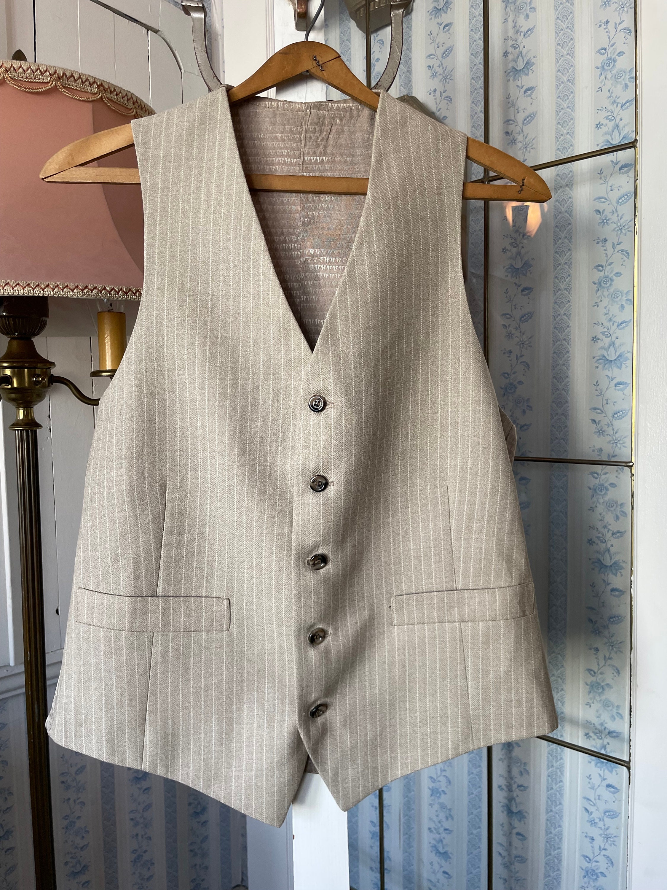 Vintage Beige Vest, Pinstriped Beige Waistcoat (B921), Beige