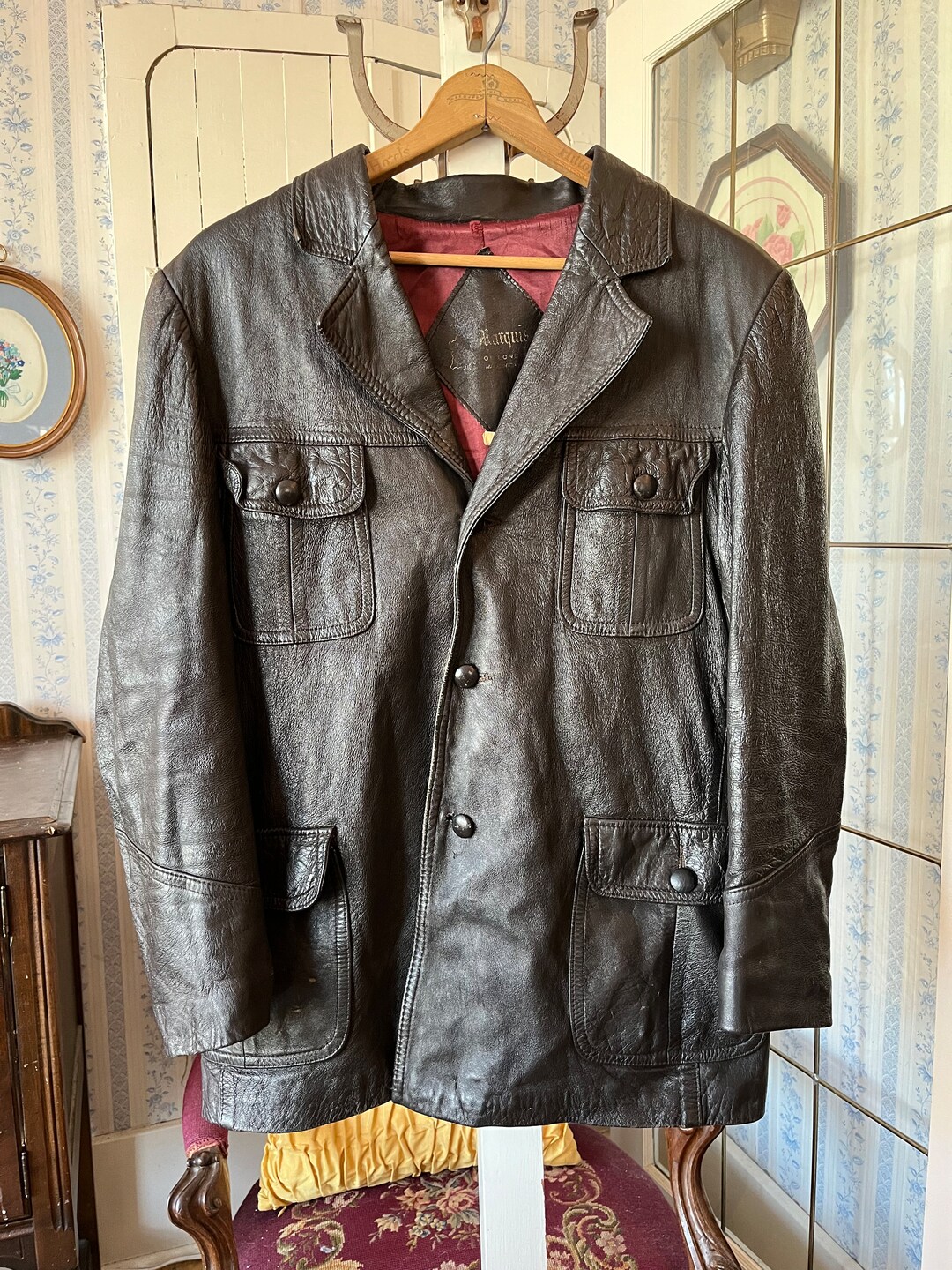 Vintage Black Leather Jacket, Short Coat (C675), Black Leather
