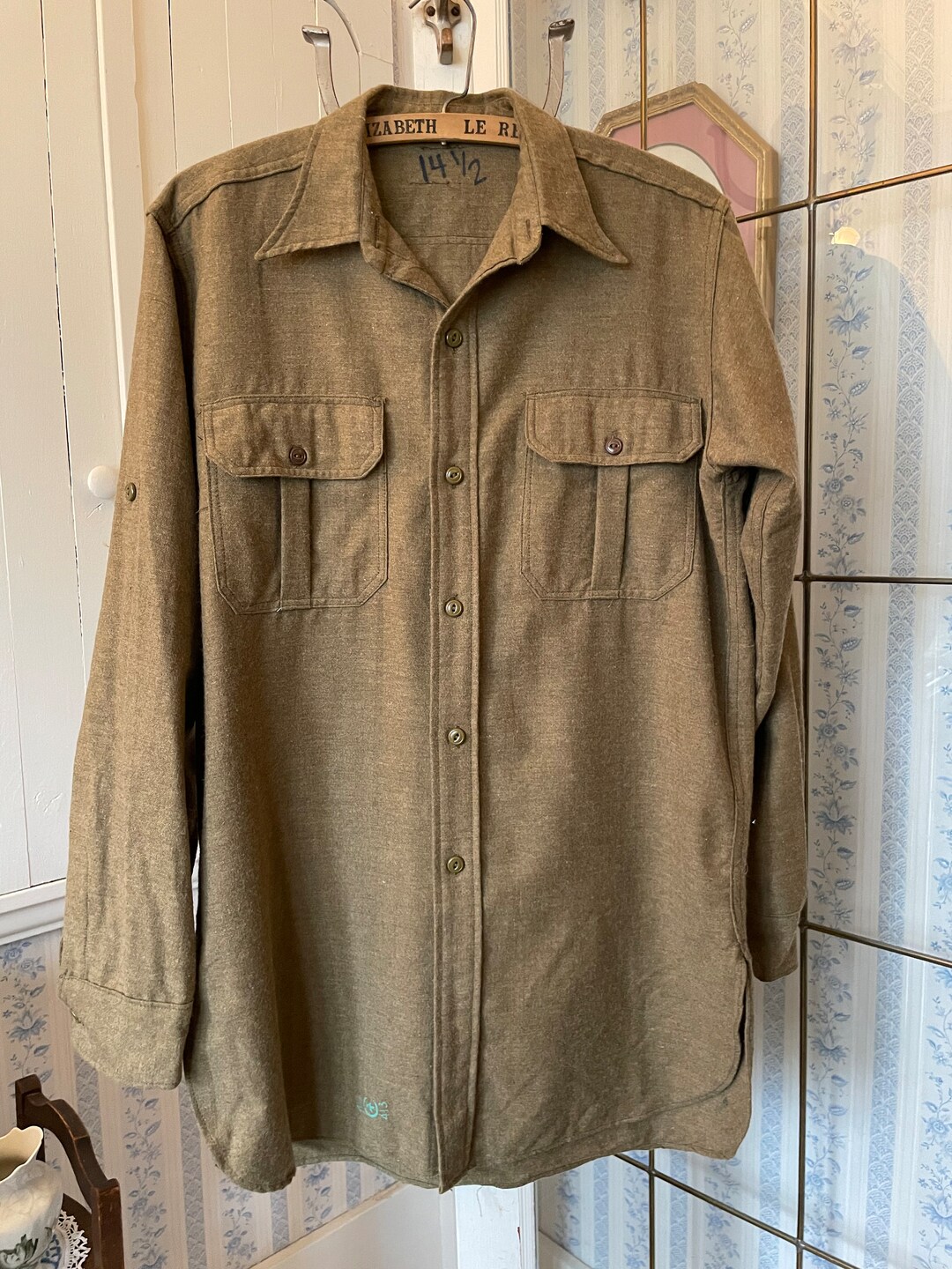 Vintage Army Shirt Khaki Wool Shirt Button Down B712 Etsy