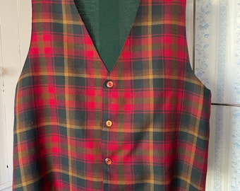 Vintage plaid vest, red plaid vest, waistcoat (B778), red green gold plaid vest, waistcoat with green knit back