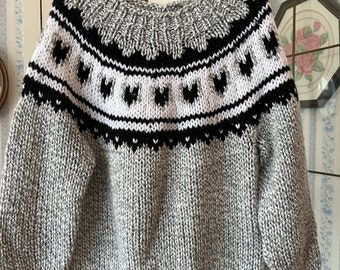 Vintage kids' grey pullover, handmade sweater (C607), hand knit grey Cowichan style sweater, pullover with black and white pattern