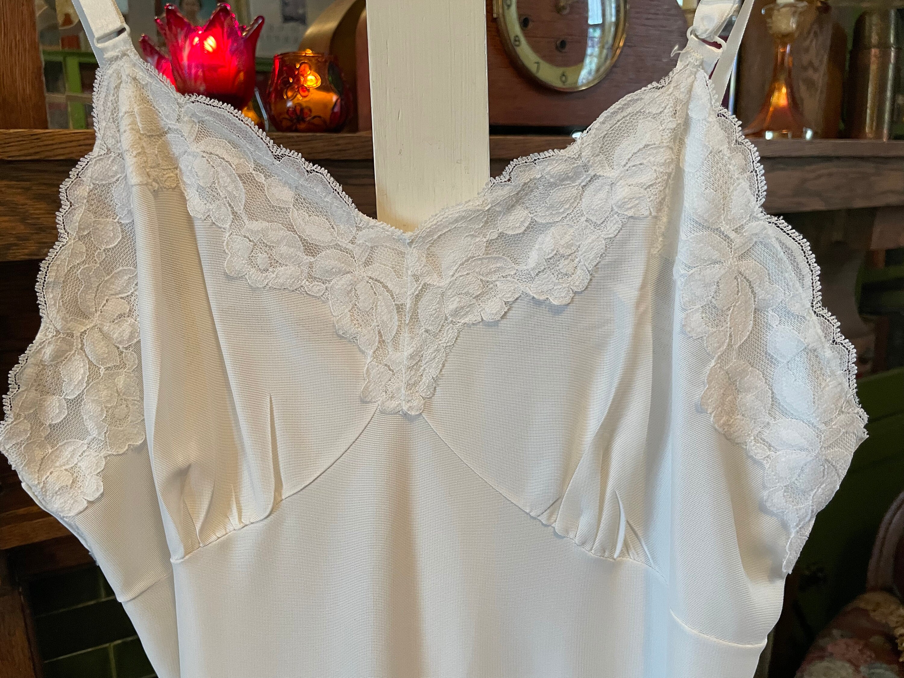 Vintage White Slip, Slip Dress (B427) With White Lace Trim