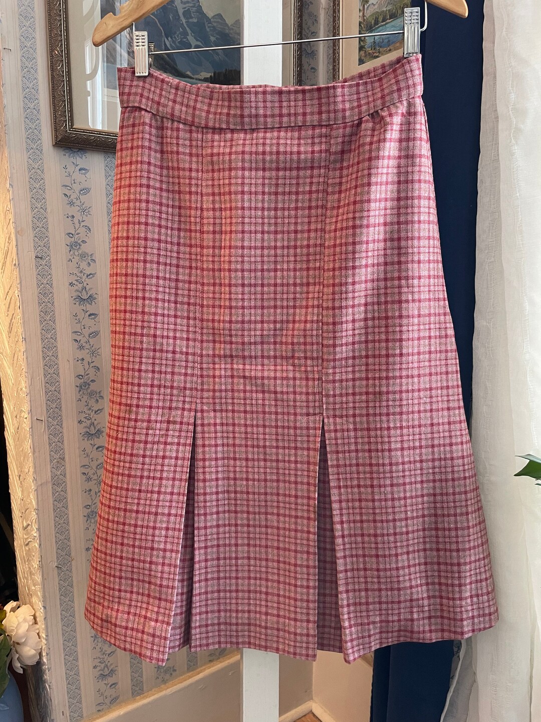 Vintage Wool Skirt B254, Red and Coral Plaid With Kick Pleat in Front
