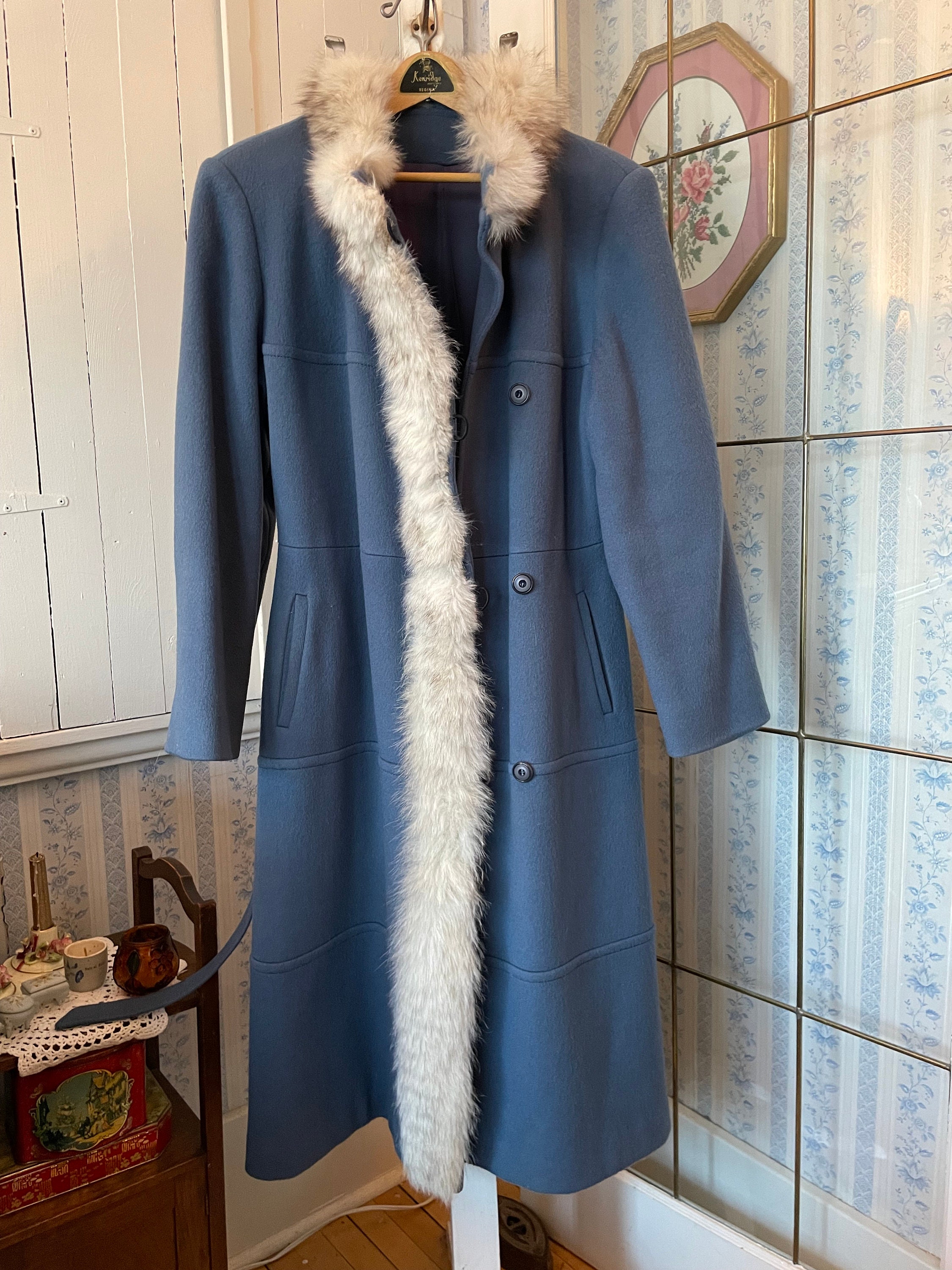 Vintage Blue Coat, Long Wool Coat (B888), Medium Blue Wool