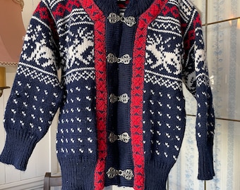 Vintage kids' wool sweater, navy blue and red sweater (B954), navy  blue red and white wool sweater, cardigan with reindeer pattern