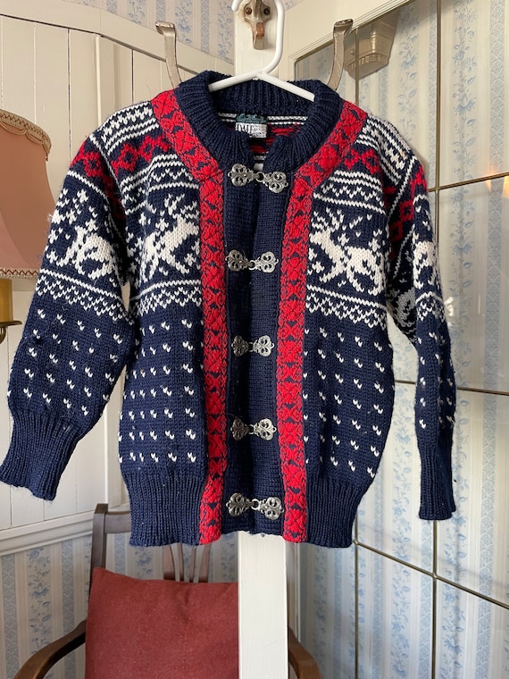 Vintage kids' wool sweater, navy blue and red swe… - image 1