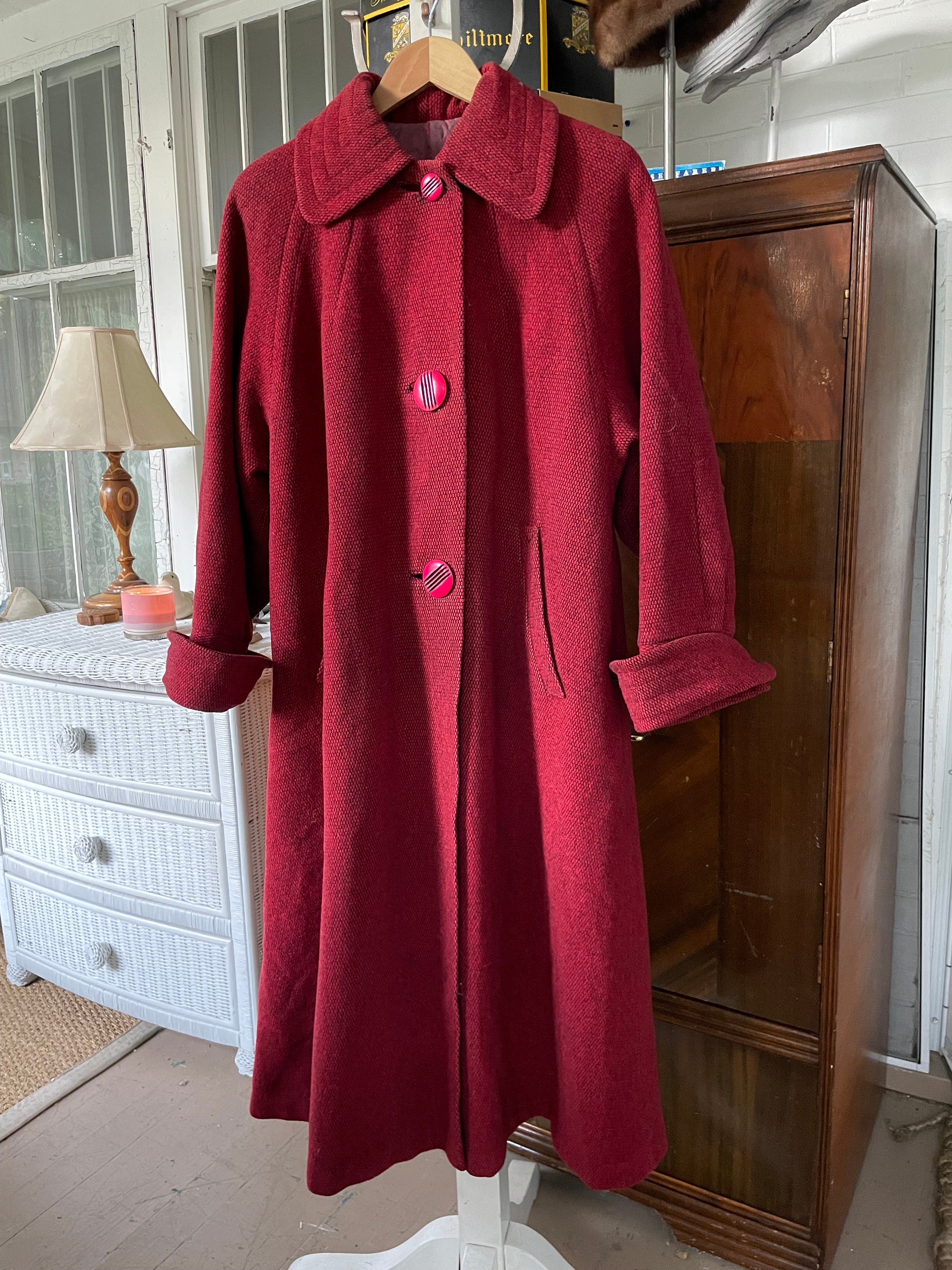 Vintage Long Coat, Red Coat (B526), Wool and Mohair Red