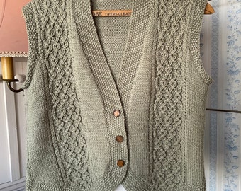 Vintage green vest, handknit green vest (B894), sage green handmade wool blend vest