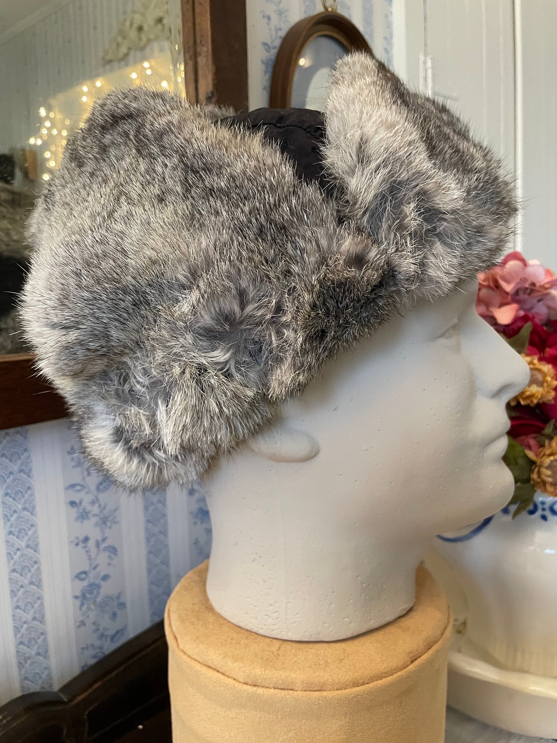 Vintage 60s Rabbit Fur Genuine Suede Trapper Hat Brown Suede Leather Rabbit Fur Aviator Hat for Men  main image 3