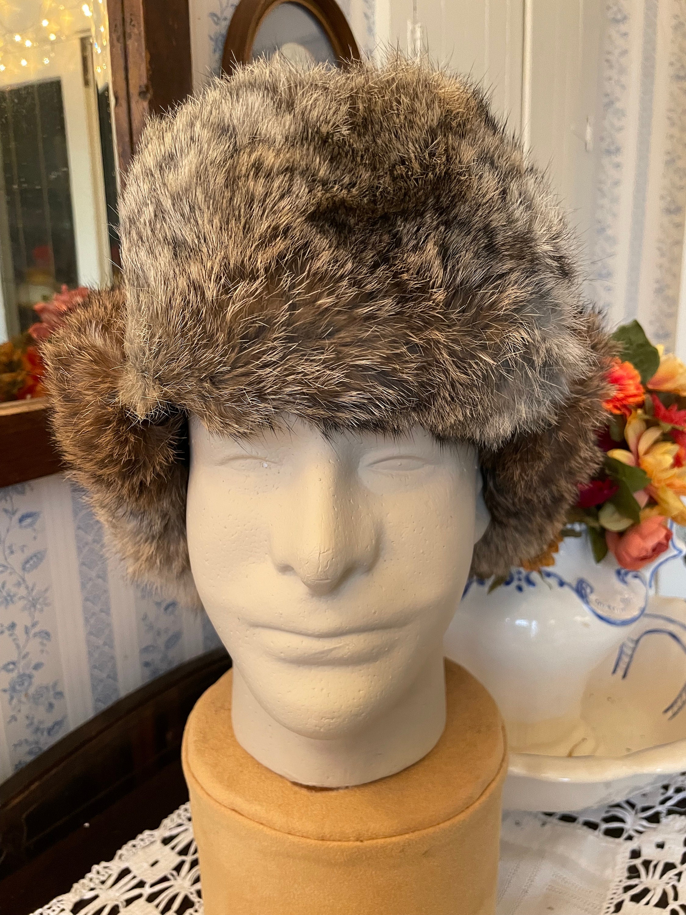 Vintage Trapper Hat, Rabbit Fur Trapper Hat, Cap (B715