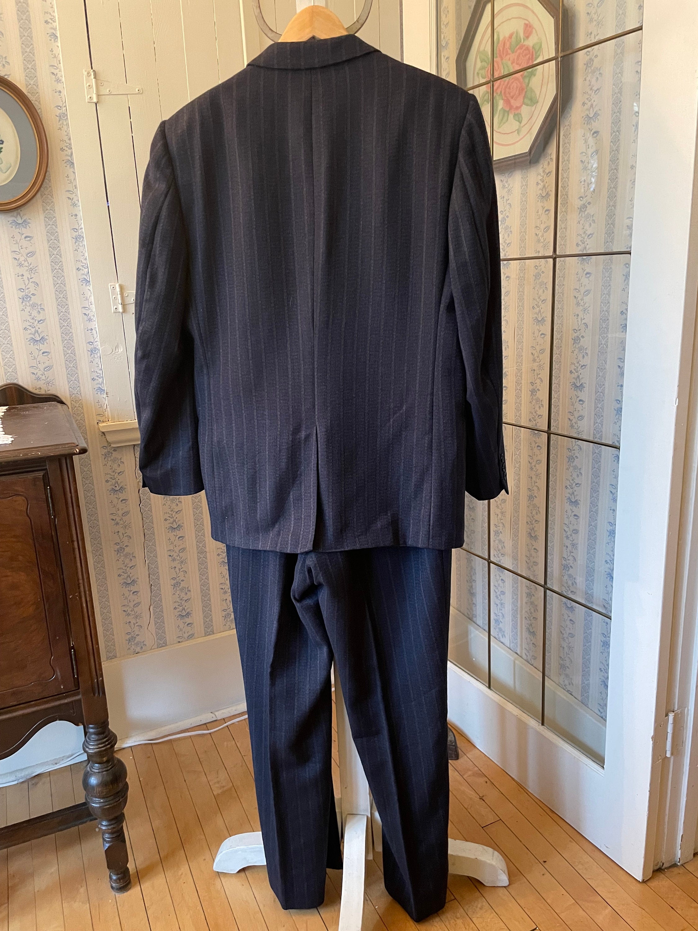 Vintage Navy Three Piece Suit / Navy Pinstriped Suit / (C274