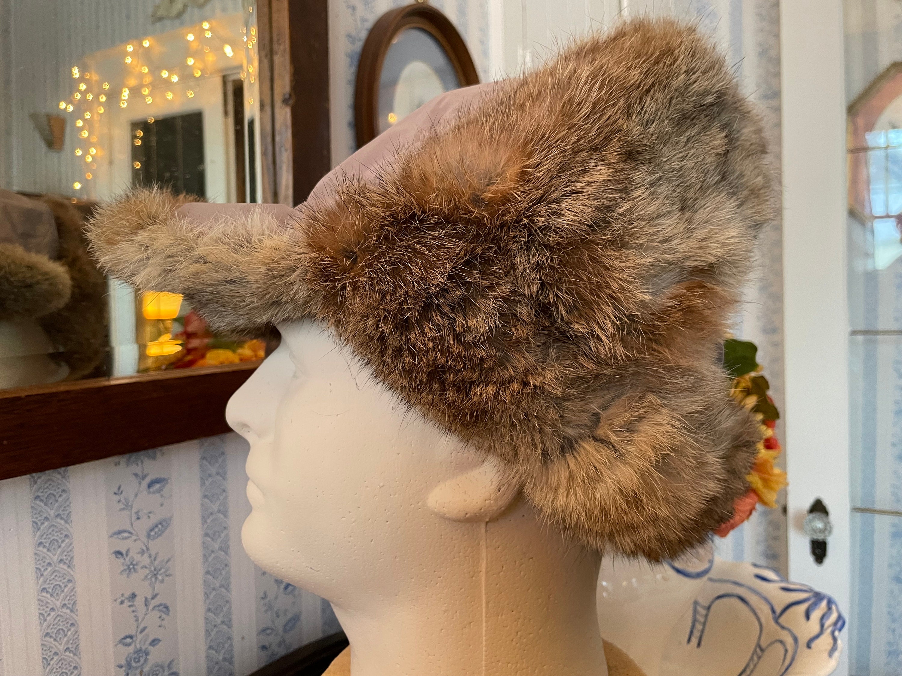 Womans Rabbit Fur Trapper Brown / Beige  Hat Genuine rabbit fur brown ushanka winter hat - Ushanka main image 4