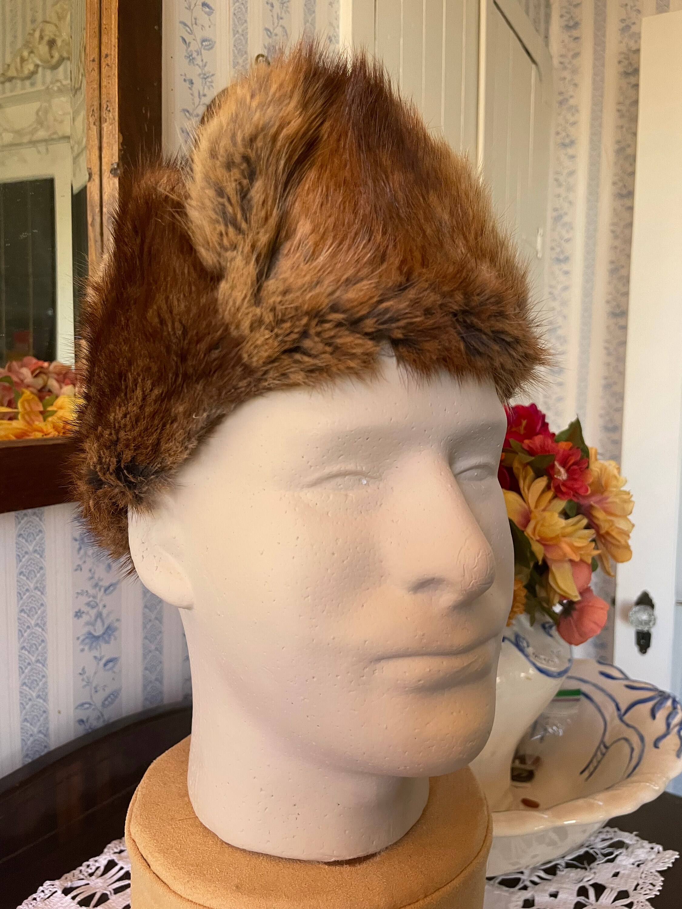 Vintage Trapper Hat, Cap, Fur Winter Hat, Cap (B663), Navy 
