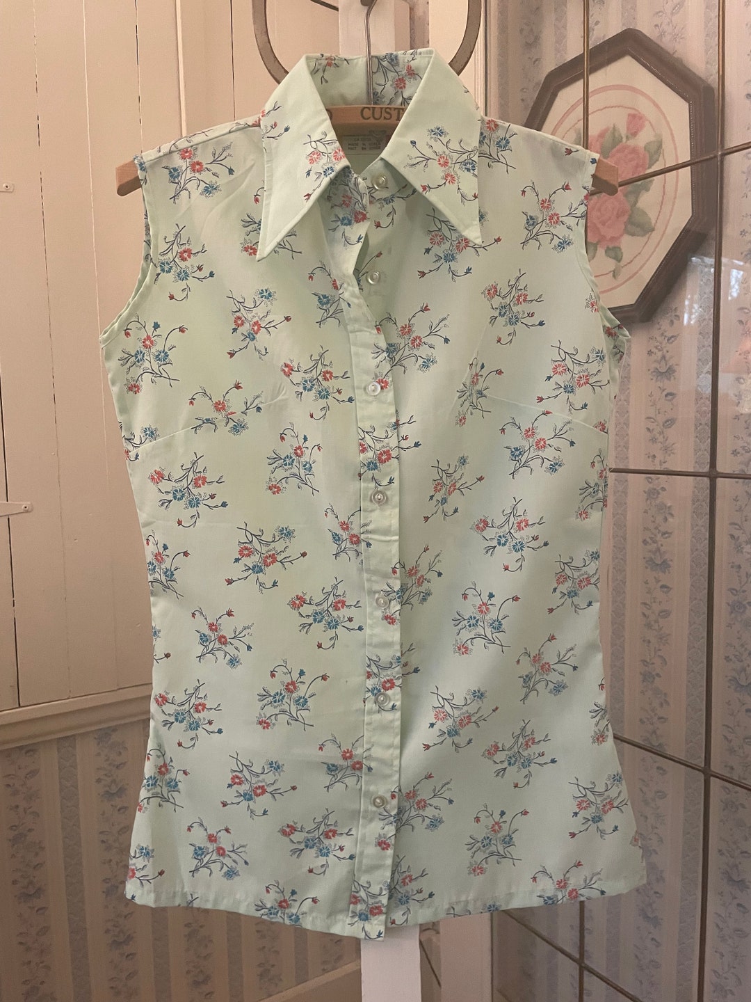 Vintage Sleeveless Top, Mint Green Button Down Shirt (C142), Light ...