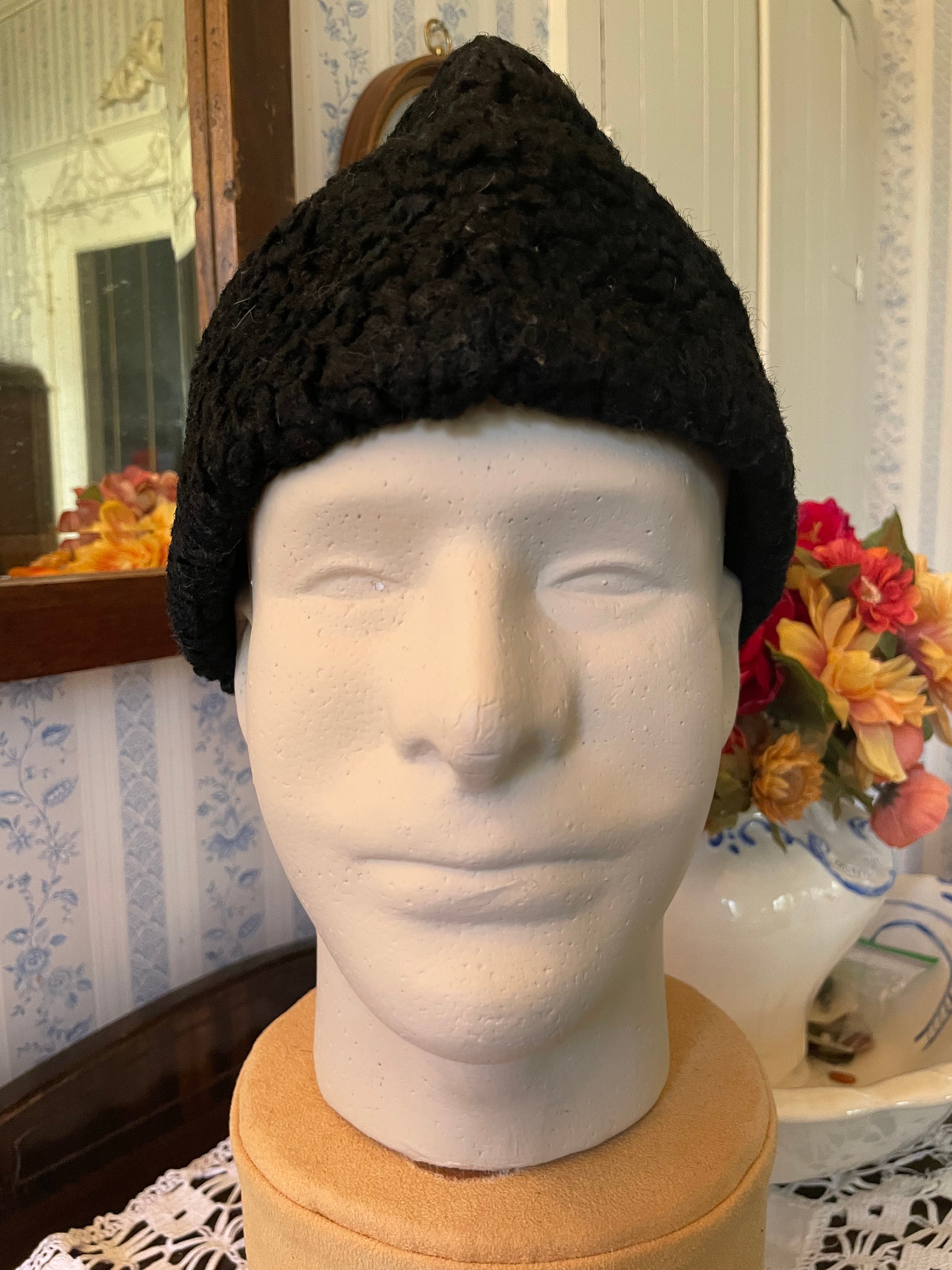 Vintage Winter Hat, Black Winter Hat, Cap (B667), Black Faux