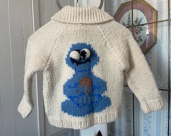 Vintage children's handmade sweater, handknit wool sweater (B747), children's Cowichan style sweater with Cookie Monster