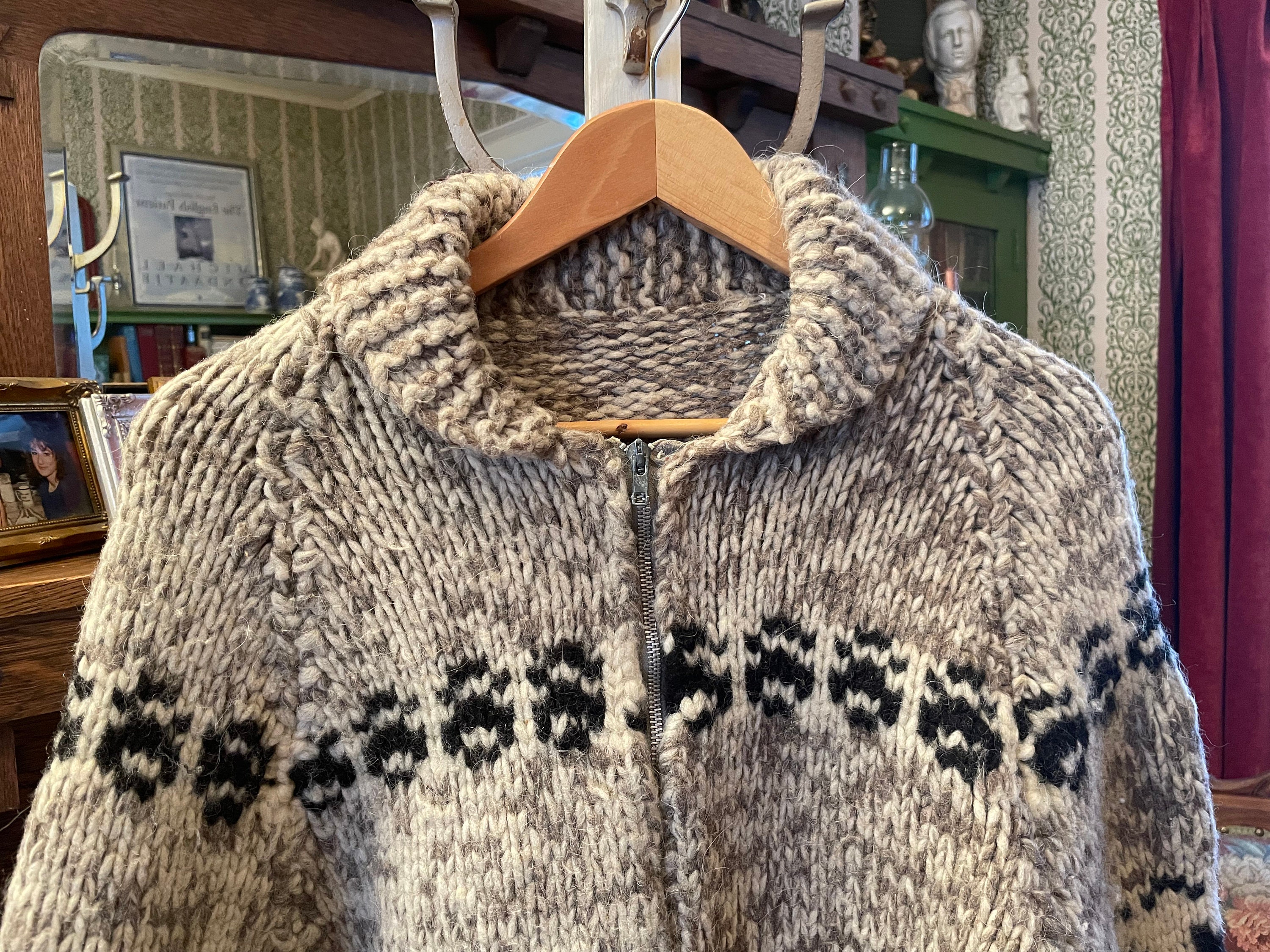 Vintage Hand Knit Wool Cowichan Sweater, Cardigan (B146