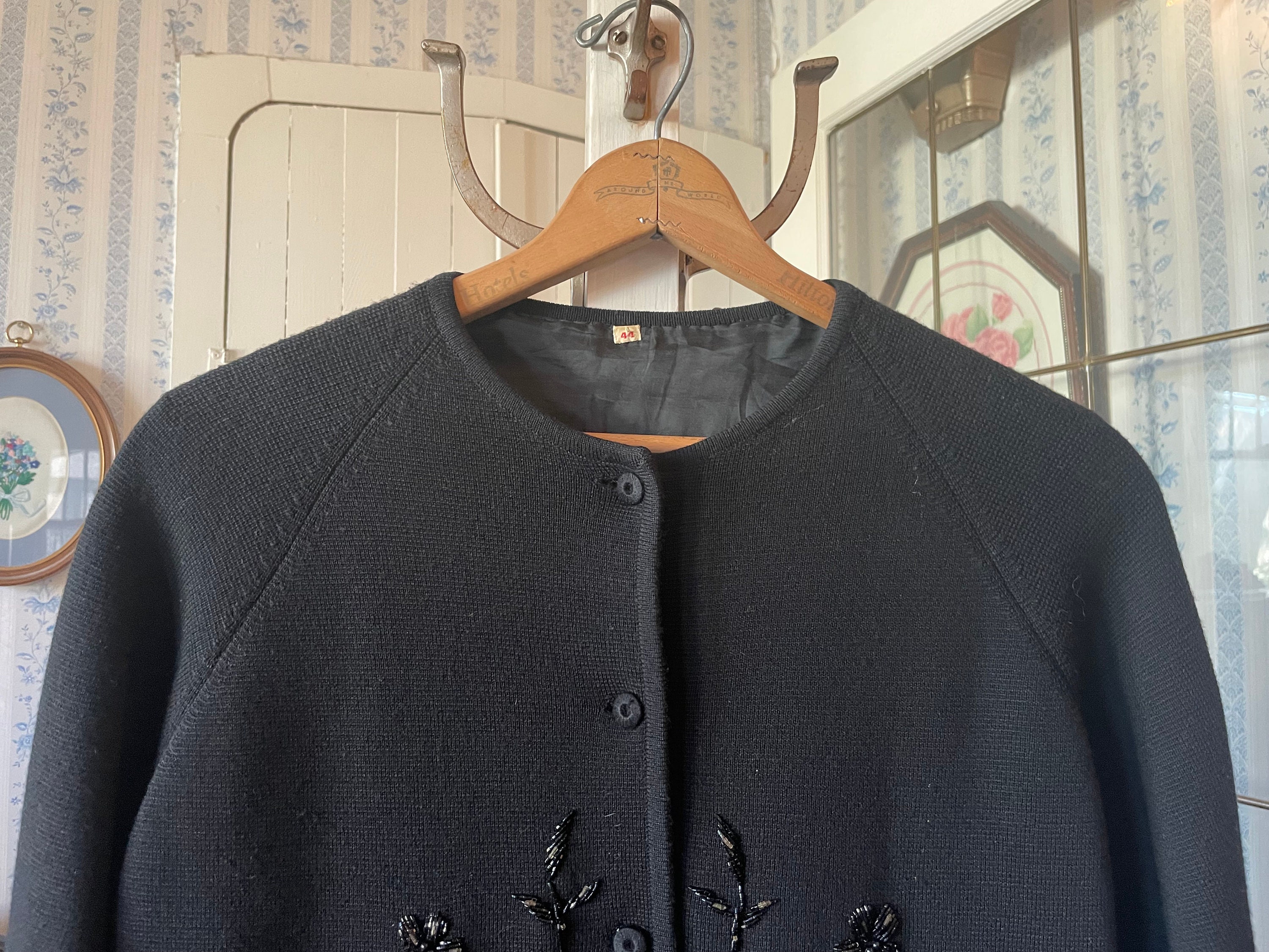 80s-does-50s Black Beaded Cardigan Sweater - Etsy