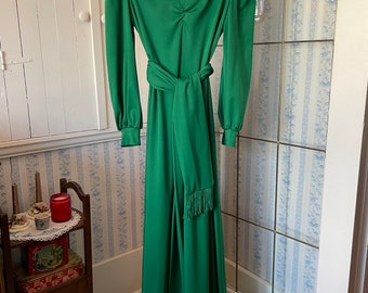 Vintage green maxi dress, long green dress, gown (B817), emerald green long dress, maxi dress with fringed belt, scarf