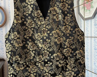 Vintage black and gold vest, fancy waistcoat (C707), black vest, waistcoat with metallic gold floral pattern, fancy vest