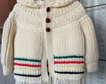 Vintage kids' sweater, handmade kids' hoodie (B904), hand knit ivory off white sweater with hood and green, red, yellow and black stripes