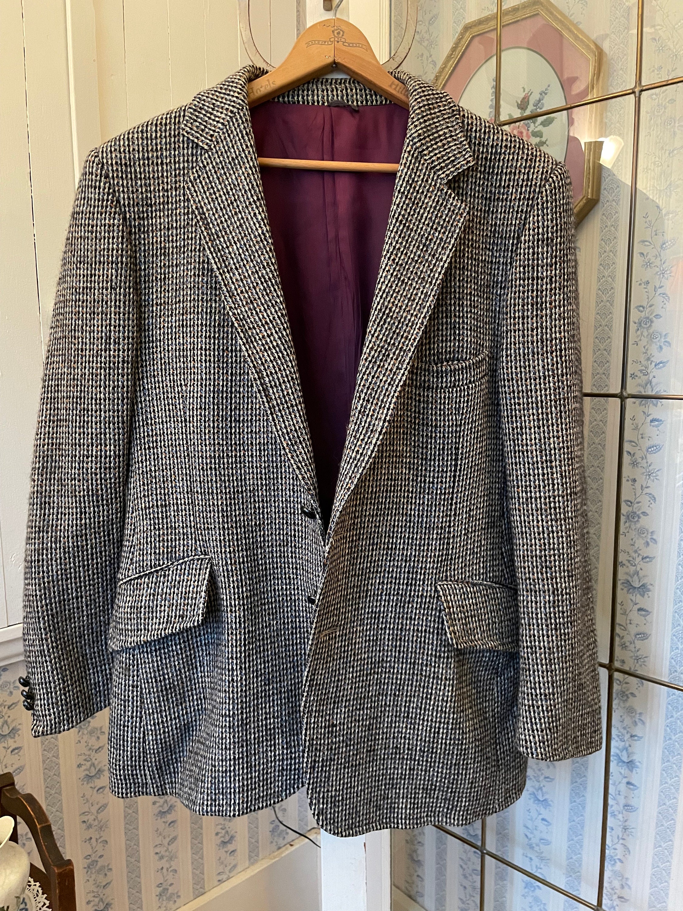 専用vintage HARRIS TWEED balmacaan brookes Harris Tweed Herringbone Balmacaan Coat Grey Fly Front Size