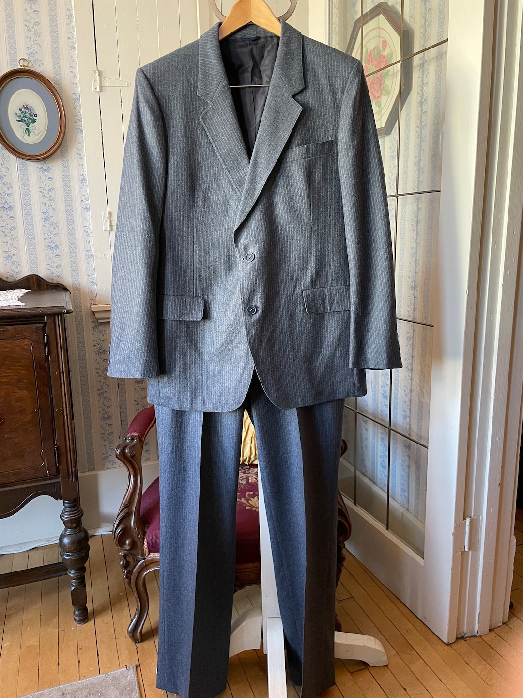 Vintage Grey Suit, Grey Pinstriped Jacket and Pants (C403), Dark