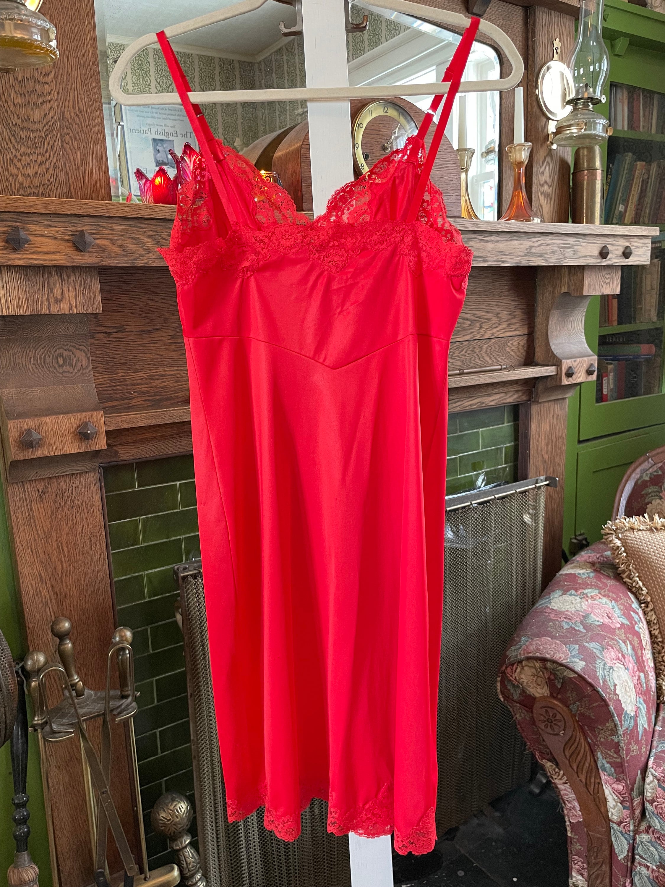Vintage Red Slip, Slip Dress, Lingerie B404 With Red Lace Trim 