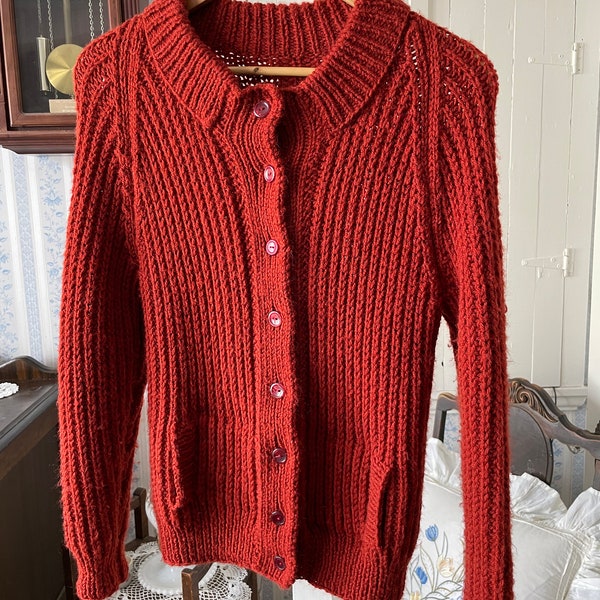 Vintage handknit acrylic sweater, cardigan (B201) in rich rust brown