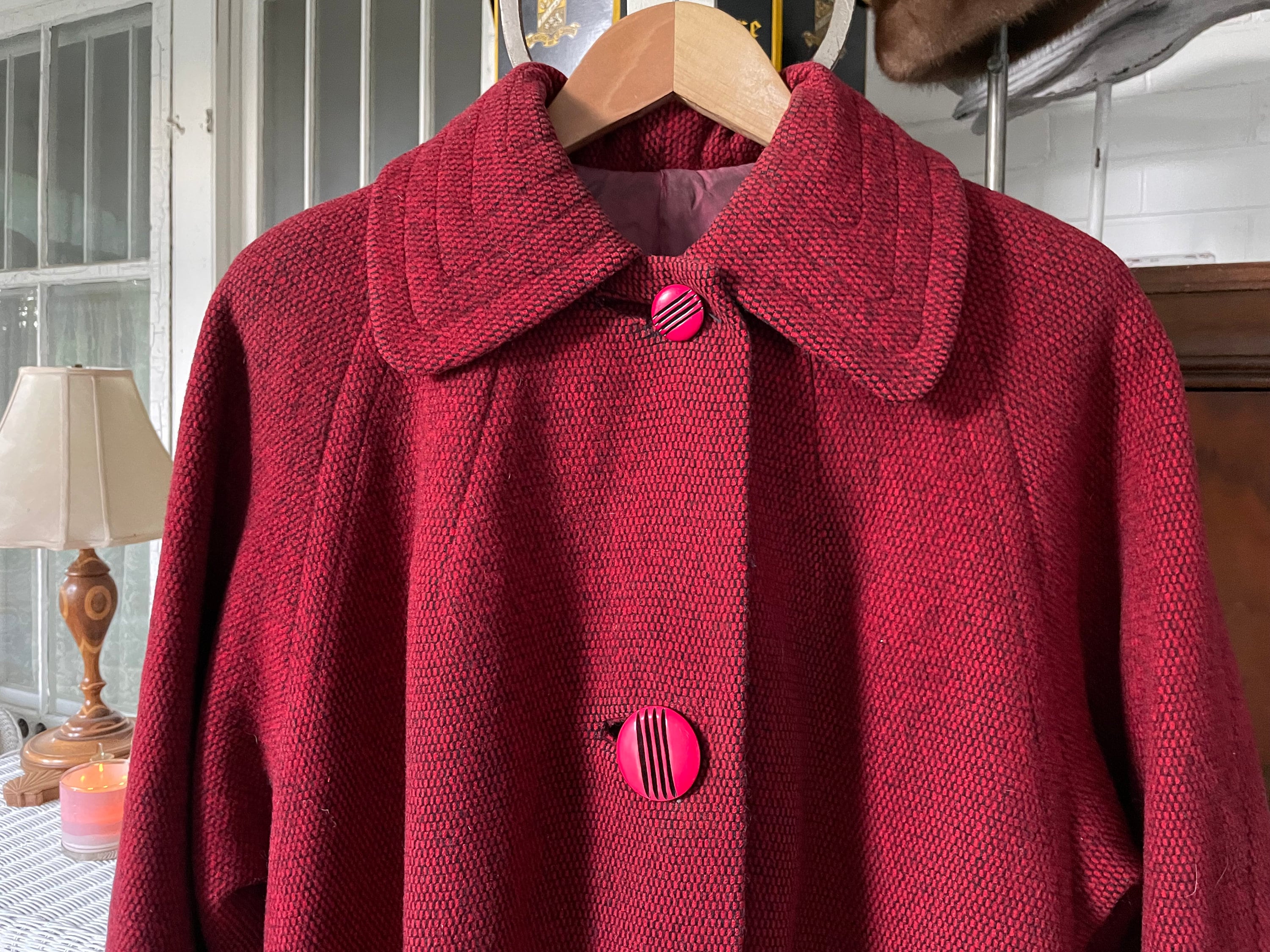 Vintage Long Coat, Red Coat (B526), Wool and Mohair Red Swing Coat