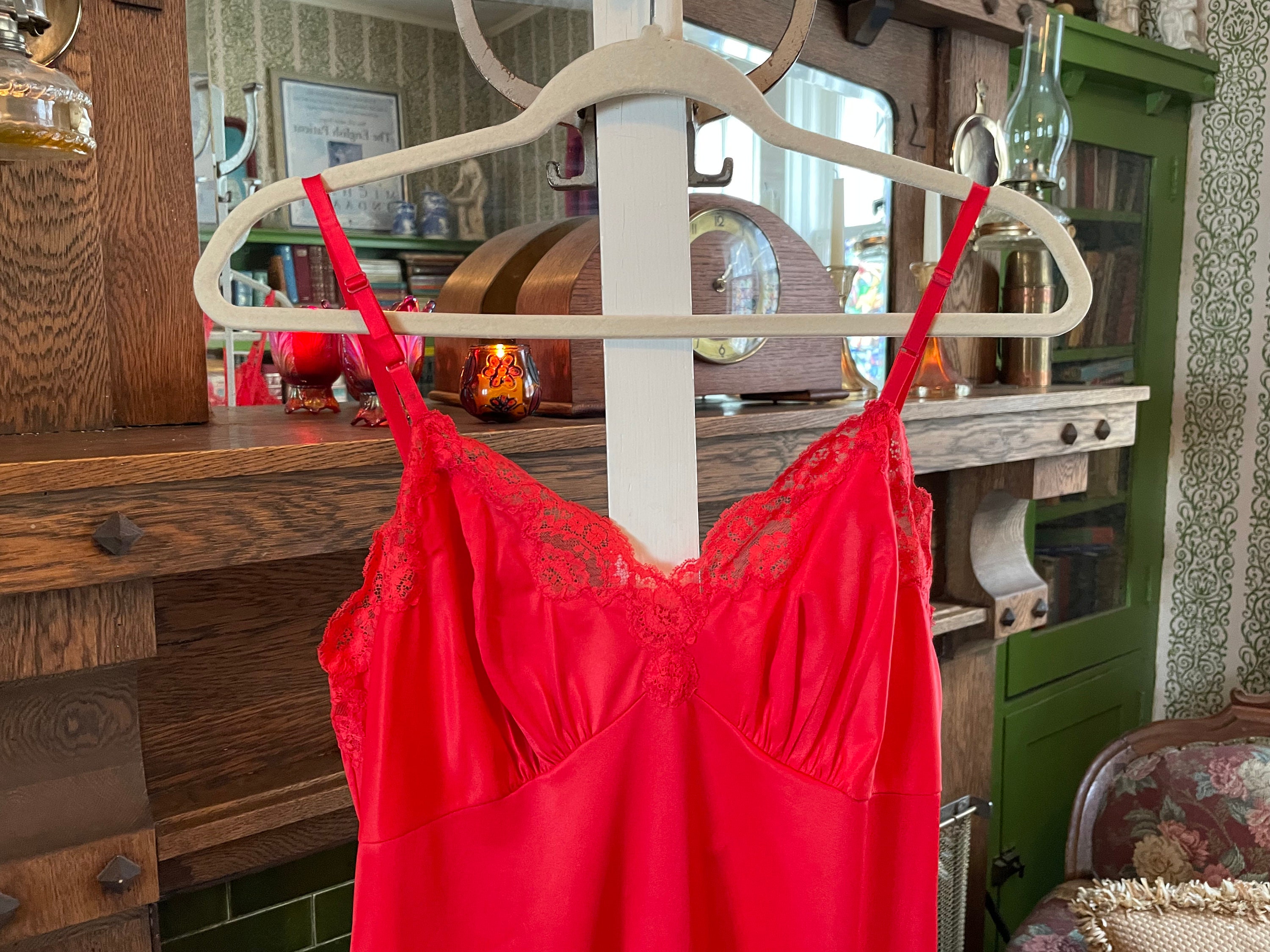 Vintage Red Slip Slip Dress Lingerie B404 With Red Lace Trim