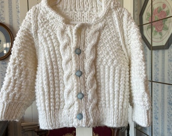 Vintage kids' white sweater, handmade cardigan (C671), hand knit white sweater, cardigan, cable stitch sweater