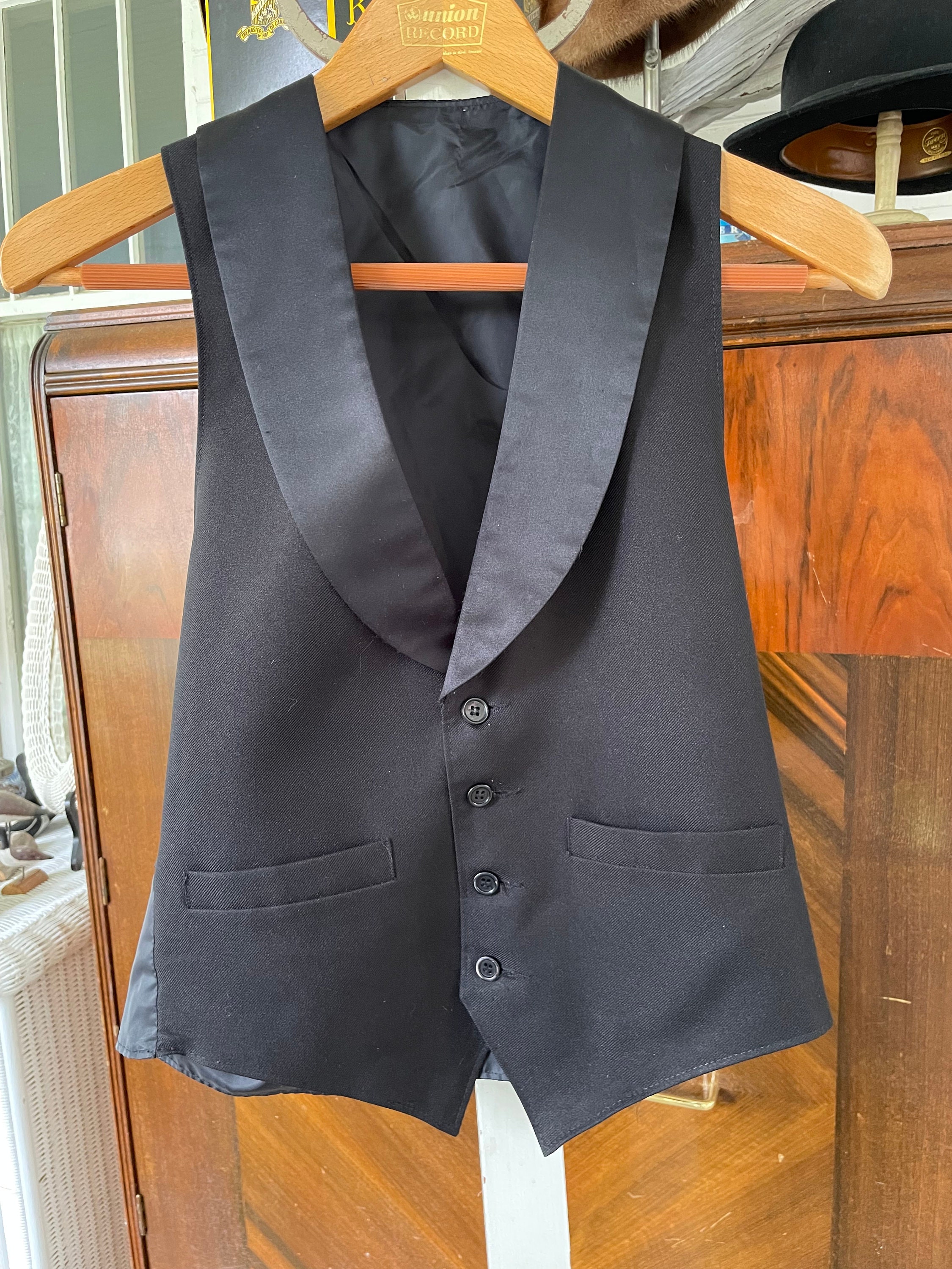 Vintage Black Vest, Waistcoat, Tuxedo Vest B564, Black Polyester Vest With Satiny Lapels - Etsy Vintage Black Vest, Waistcoat, Tuxedo Vest B564, Black Polyester Vest With Satiny Lapels - Etsy