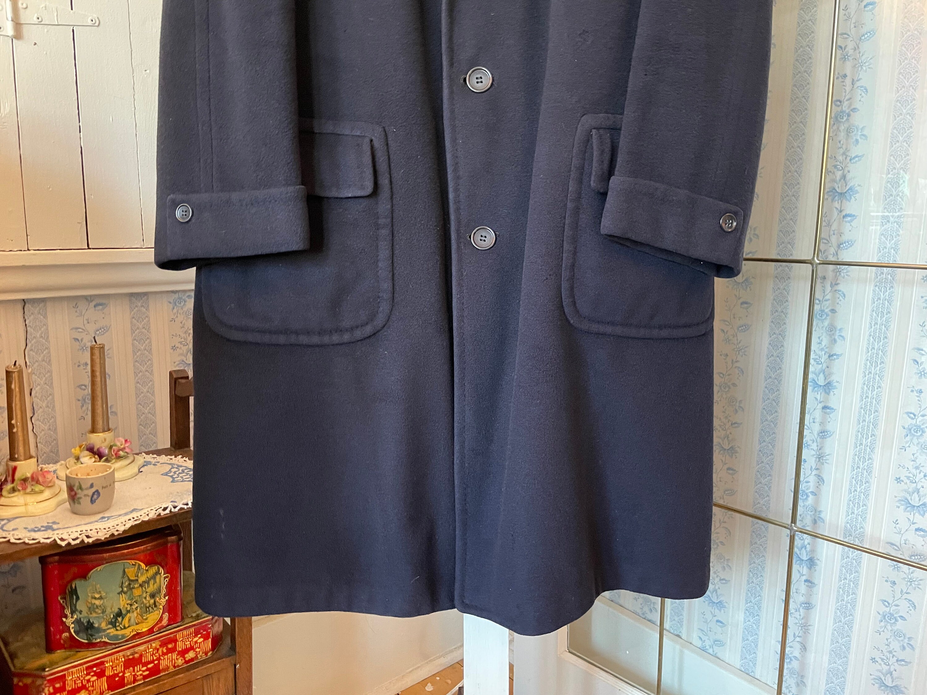 Vintage Cashmere Coat, Blue Cashmere Overcoat (B820), Dark