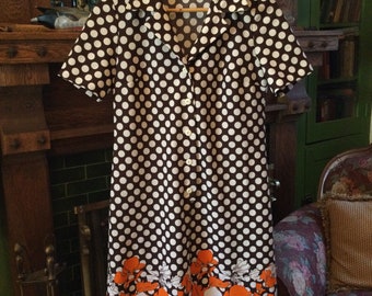 Vintage brown and white polka dot dress (B086) with orange flowers