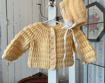 Vintage baby yellow sweater, handmade sweater and hat (C483), yellow hand knit sweater, cardigan with matching hat, cap with white ribbon