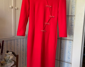 Vintage red dress, red knit dress, wool dress (B694), red wool knit midi dress, pencil dress