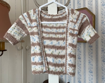 Vintage baby sweater, white and beige handmade cardigan (C013), hand knit white and beige sweater with pastel green and blue accents