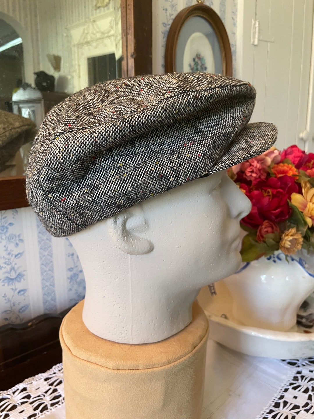 Vintage Wool Hat Newsboy Cap Hat B674 Black and White Wool Tweed Newsboy Hat Flat Cap Hat Etsy