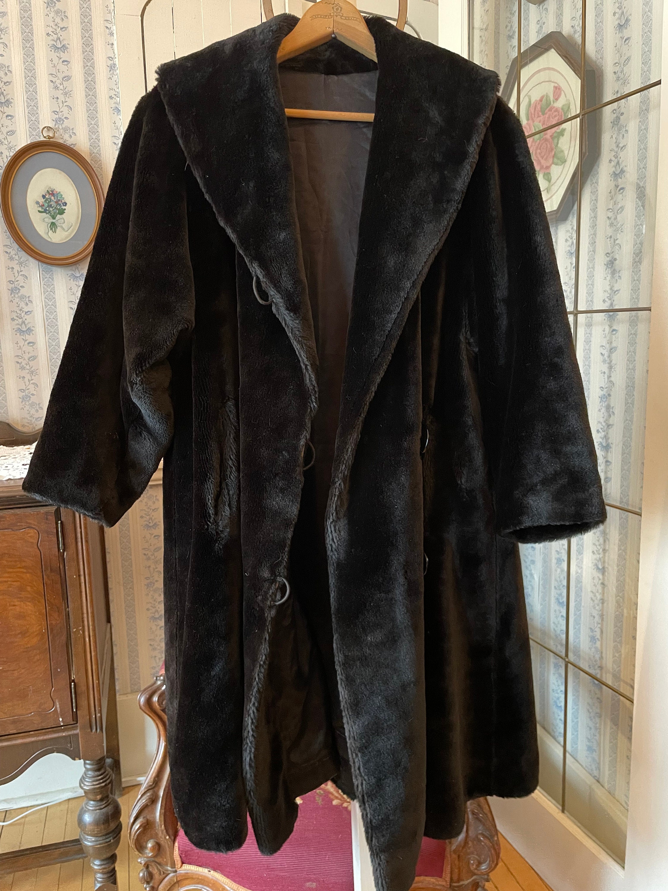 Vintage Black Coat, Faux Fur Long Coat (C410), Black Faux