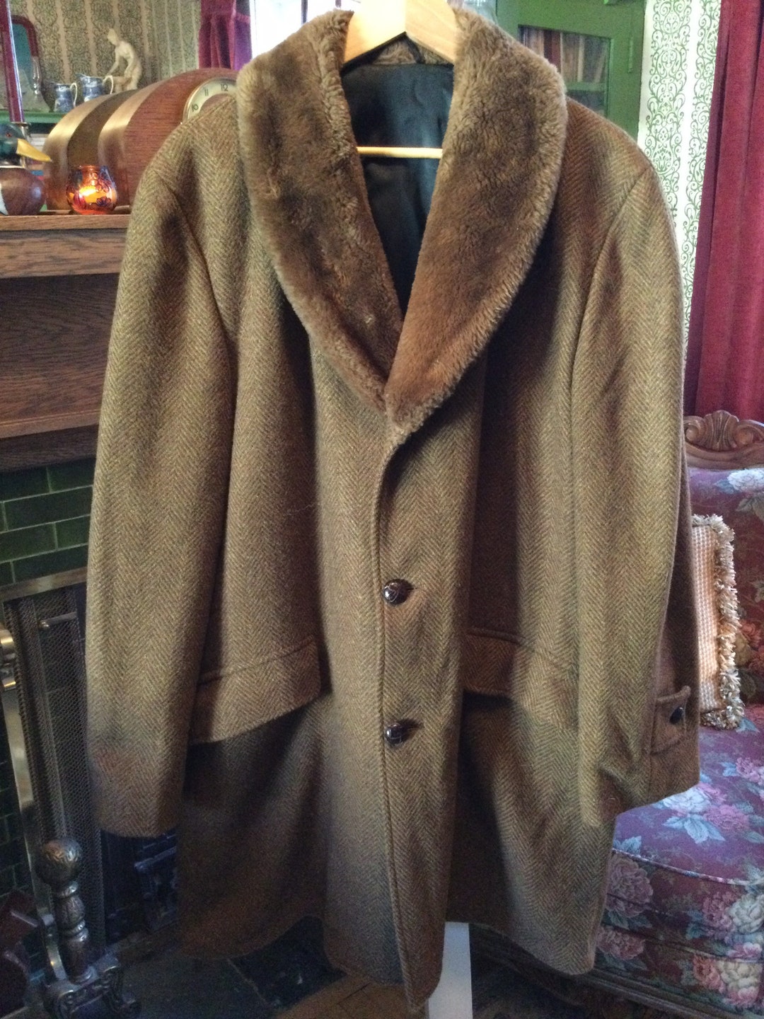 Vintage Brown Wool Herringbone Jacket B014, Coat With Faux Fur Collar ...