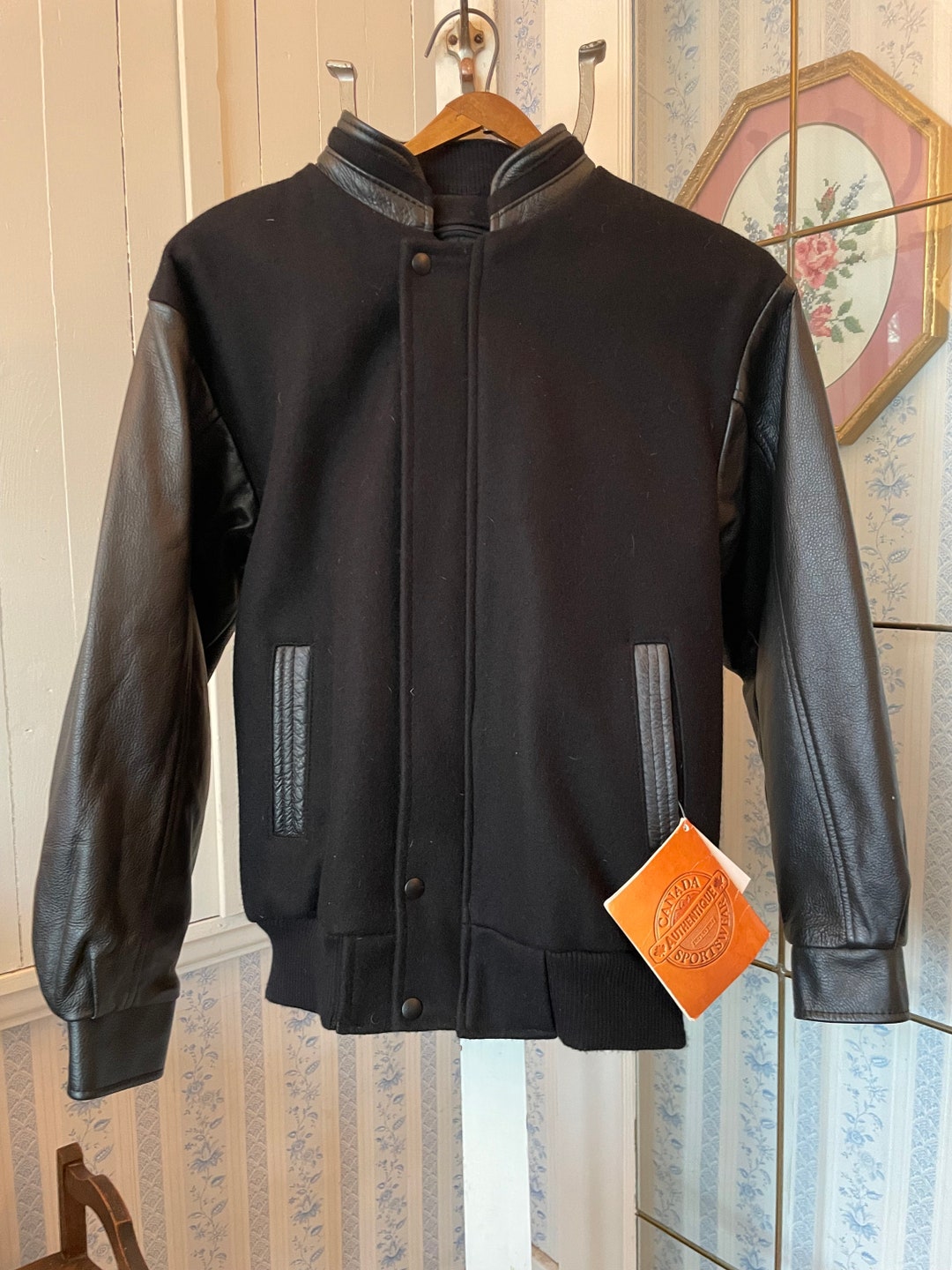 Vintage Bomber Jacket, Black Wool and Leather Jacket B825, Black Wool