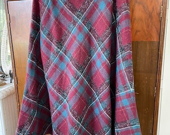 Vintage wool skirt, full skirt (B577), teal green and burgundy red wool plaid midi skirt