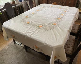 Vintage handmade tablecloth, off white cotton tablecloth (B579), tablecloth with yellow and orange hand embroidered flowers
