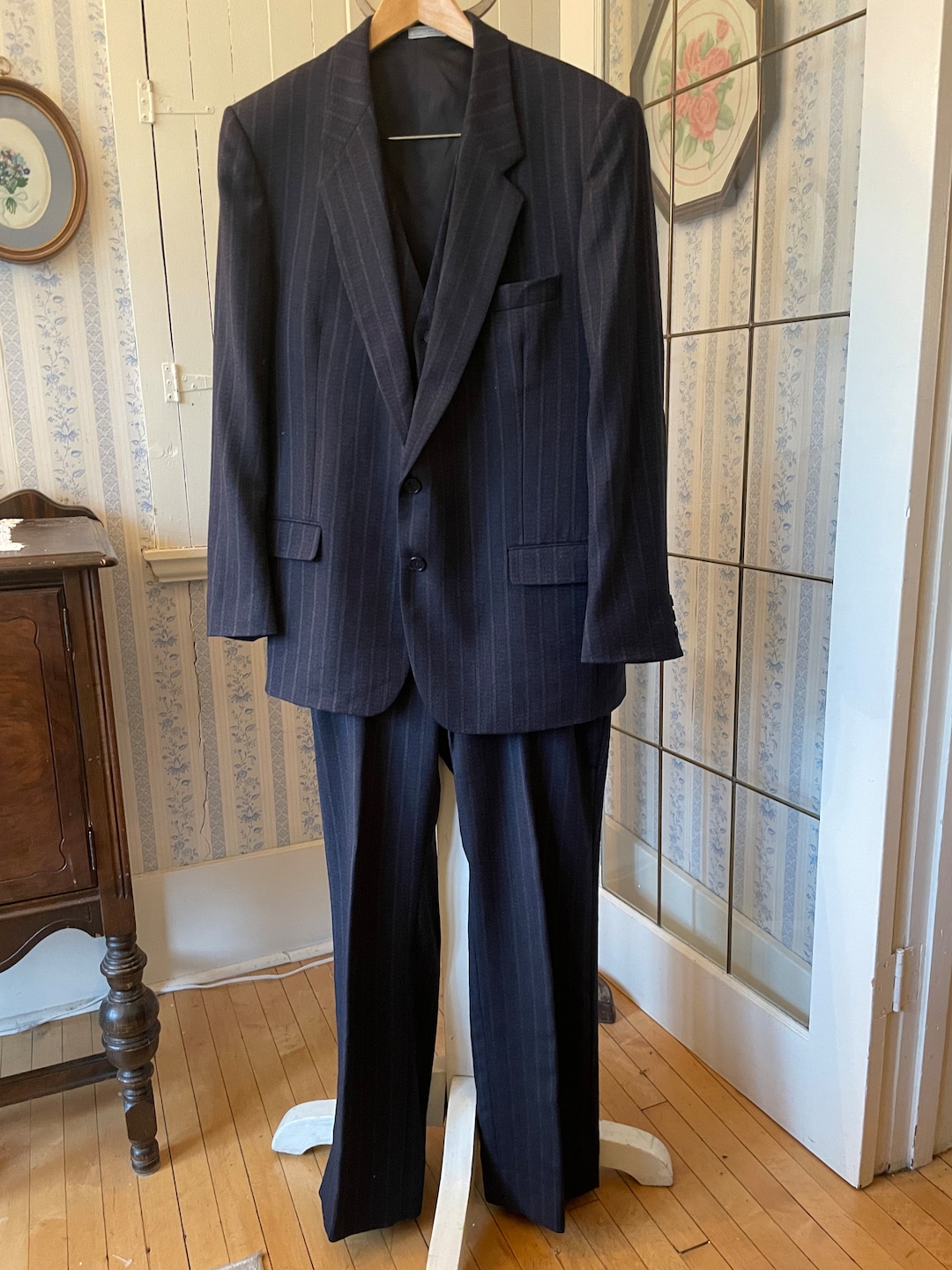 Vintage Navy Three Piece Suit / Navy Pinstriped Suit / (C274