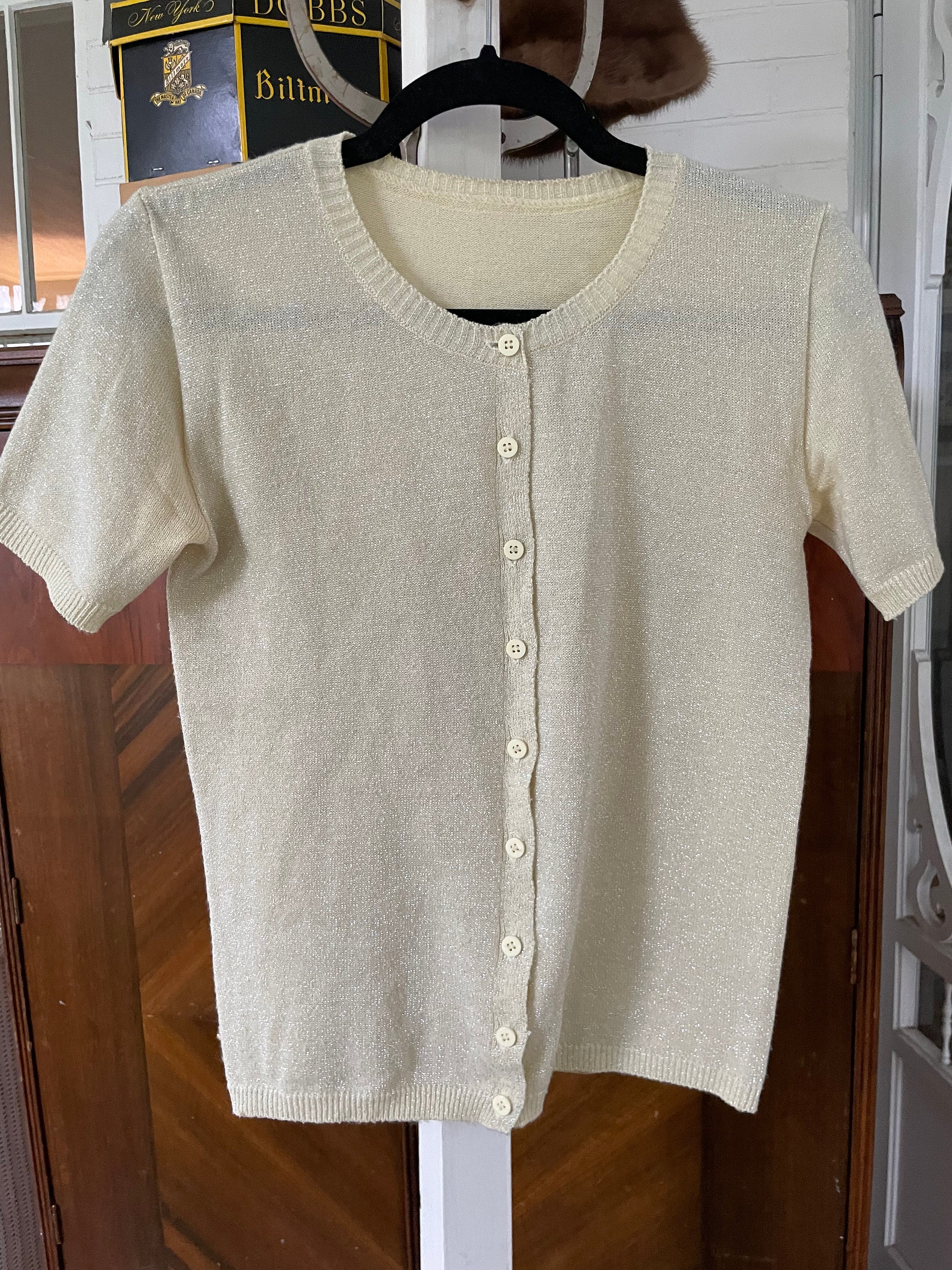 Vintage Pale Yellow Short Sleeve Sweater, Cardigan, Top