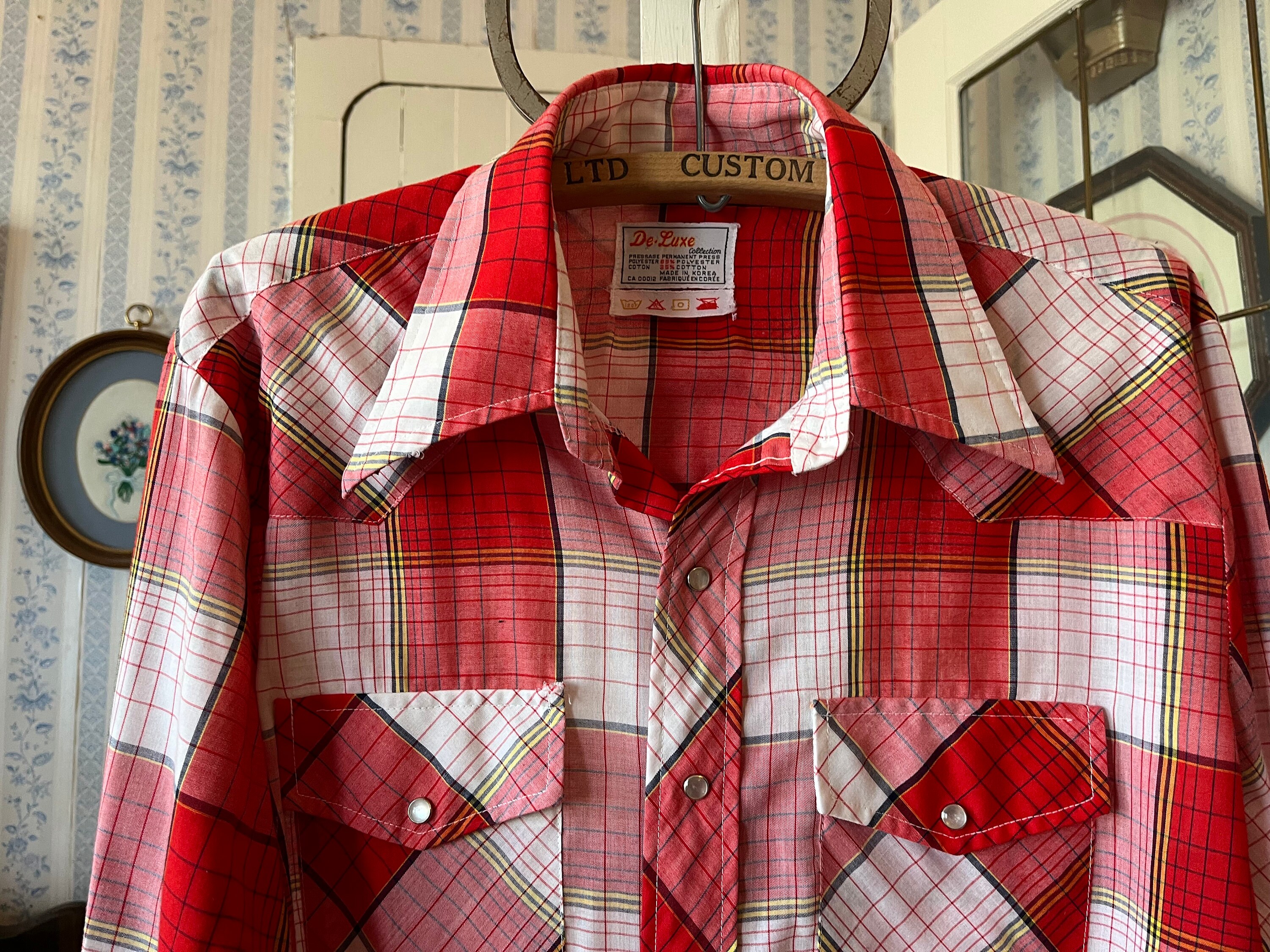 Vintage Red Plaid Shirt, Red and White Button Down Top (C687