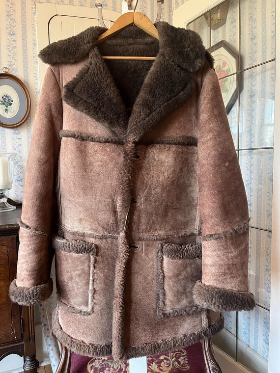 Vintage Brown Sheepskin Jacket, Shearling Coat (C773), Heavy