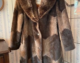 Vintage faux fur coat, brown faux fur overcoat (C036), light to dark brown patchwork faux fur coat, winter coat