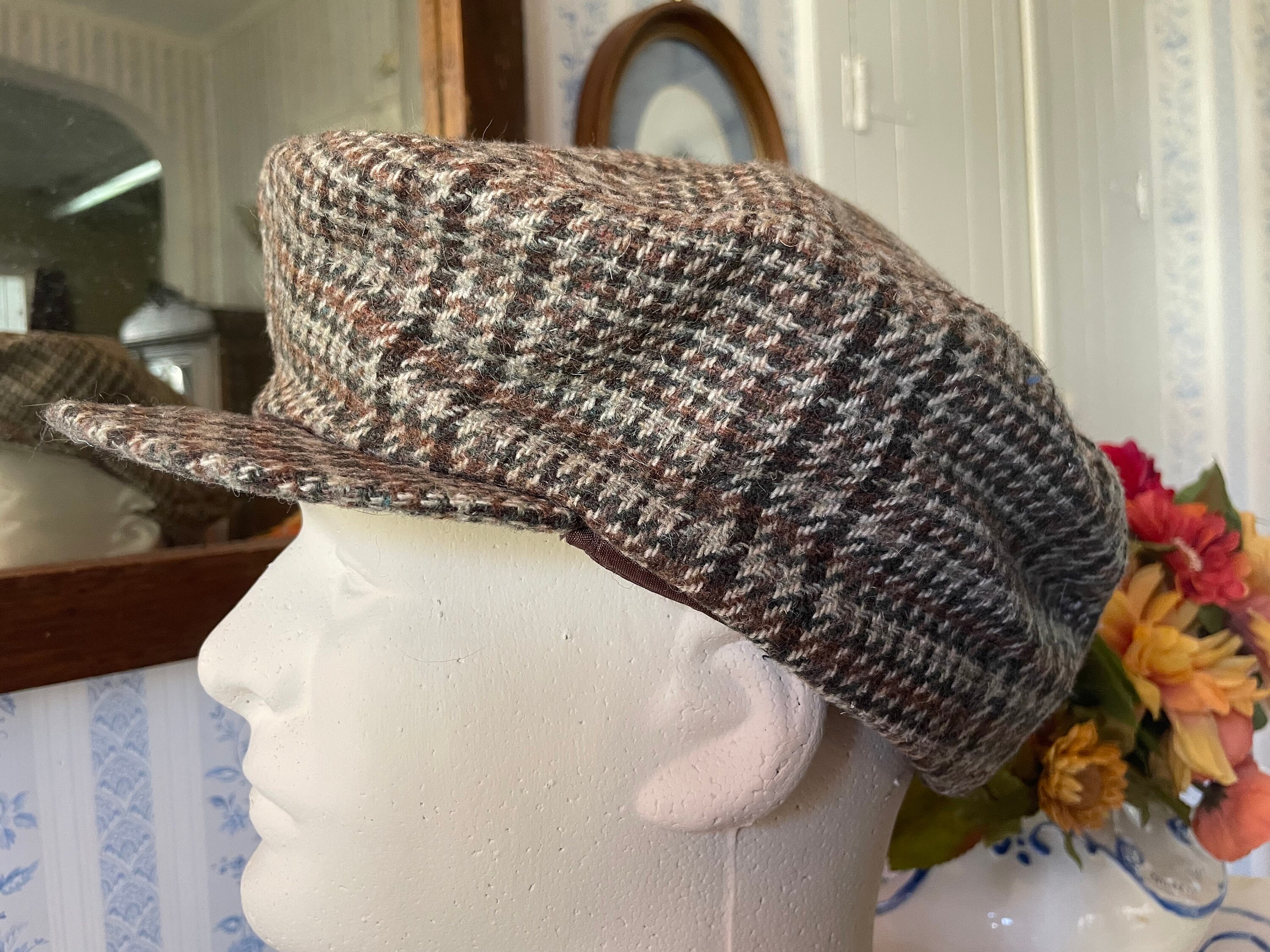Vintage Newsboy Cap, Flat Cap, Hat (B671), Beige Brown Green